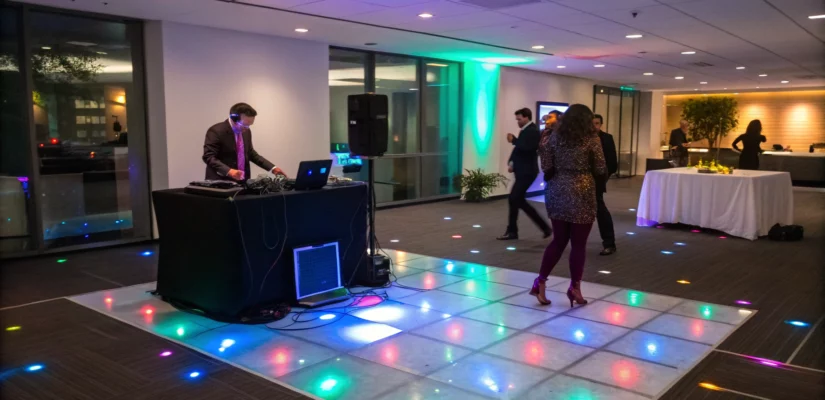 Une salle de conférence transformée en piste de danse avec un DJ à la table de mixage.