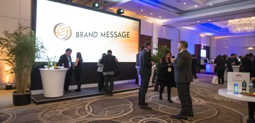 Un événement corporate en intérieur avec des éléments de branding et un écran géant diffusant un message de marque.